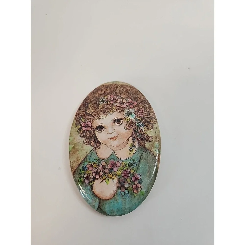 Vintage 1970s Big Eye Girl Pocket/Purse Mirror, Kitsch Flower Child, Retro Boho‎